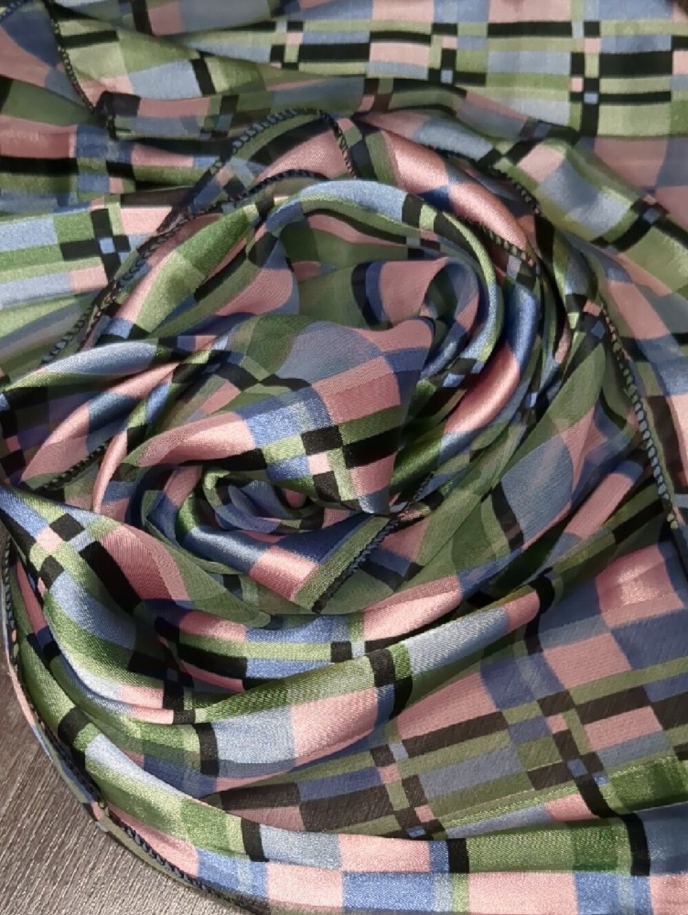 Vintage Pastel Geometric Organza Scarf In Pink, Green, & Blue 60" - Picture 9 of 9